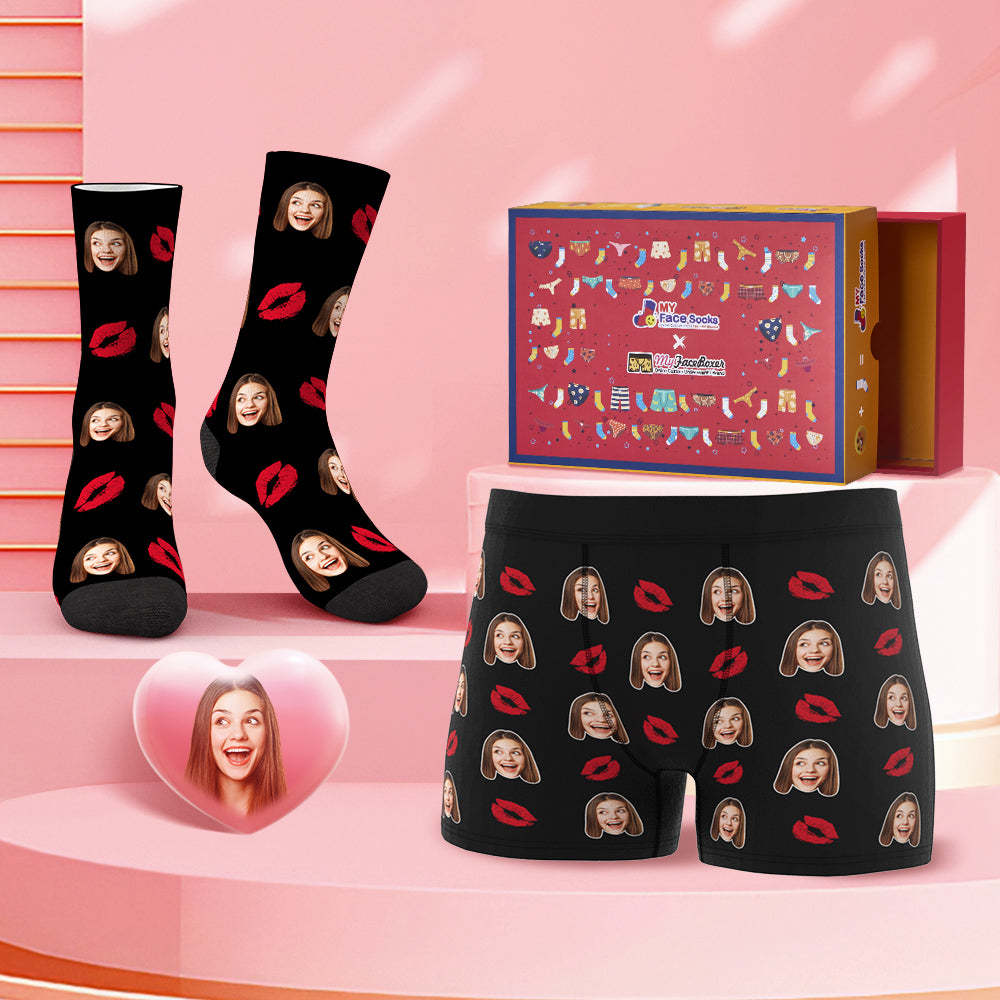 Custom Face Boxer Shorts And Socks Set Love Kiss Valentine's Day Gift Co-Branding Set - MyFaceBoxer