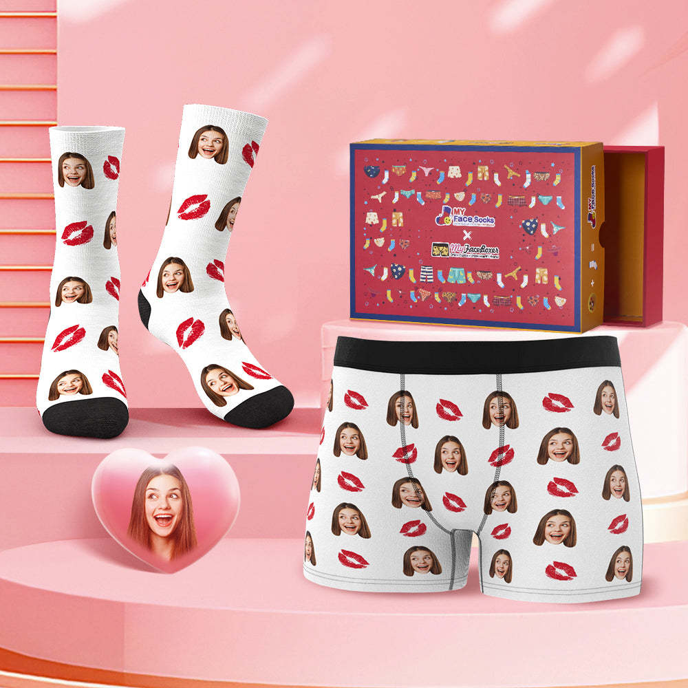 Custom Face Boxer Shorts And Socks Set Love Kiss Valentine's Day Gift Co-Branding Set - MyFaceBoxer