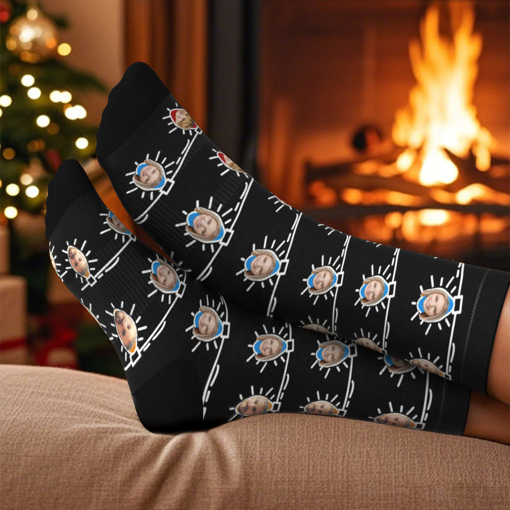 Custom Face Socks Personalized Christmas Lights Photo Socks Christmas Gift for Family - MyFaceBoxer