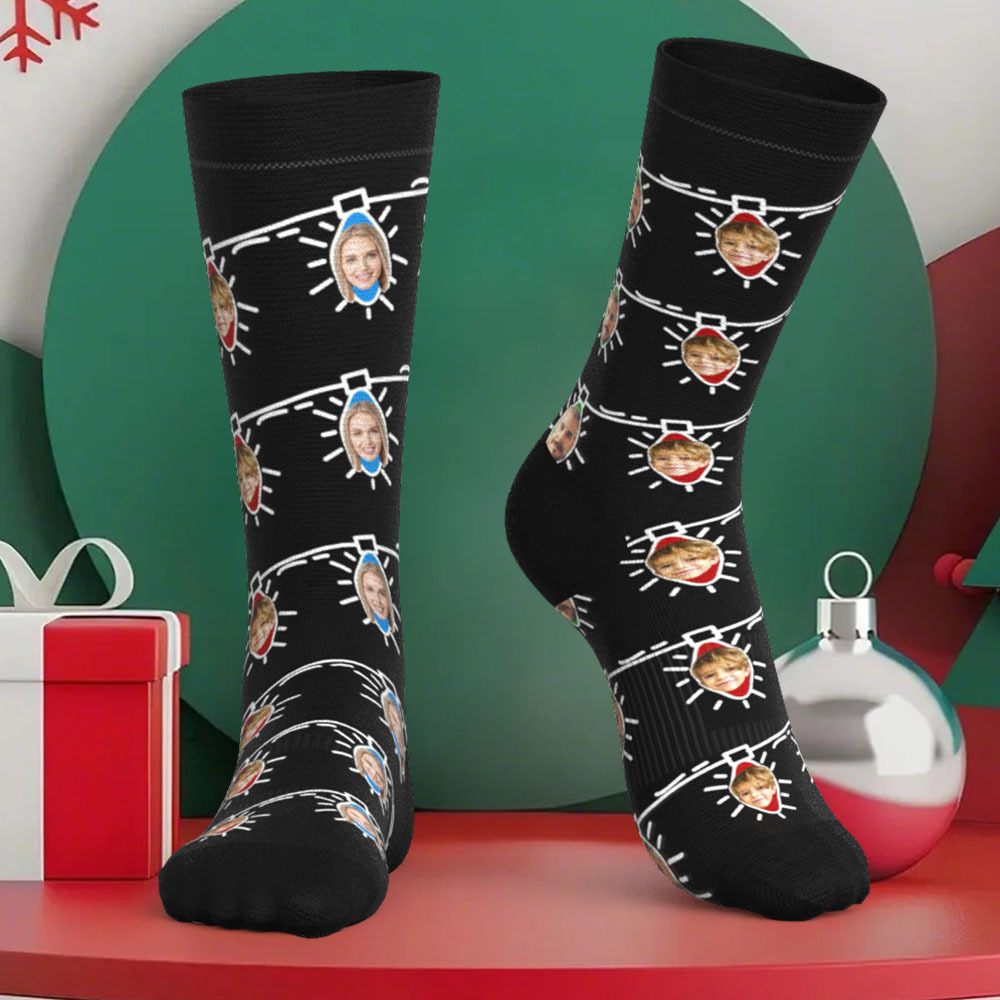 Custom Face Socks Personalized Christmas Lights Photo Socks Christmas Gift for Family - MyFaceBoxer