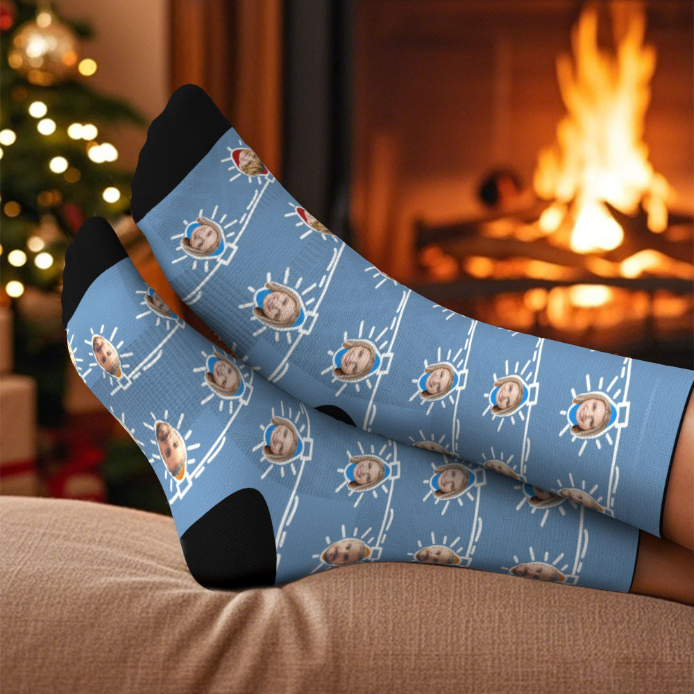 Custom Face Socks Personalized Christmas Lights Photo Socks Christmas Gift for Family - MyFaceBoxer