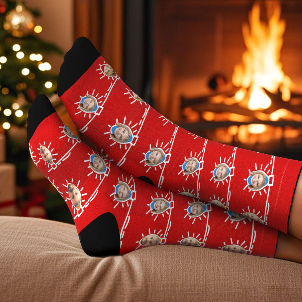 Custom Face Socks Personalized Christmas Lights Photo Socks Christmas Gift for Family - MyFaceBoxer