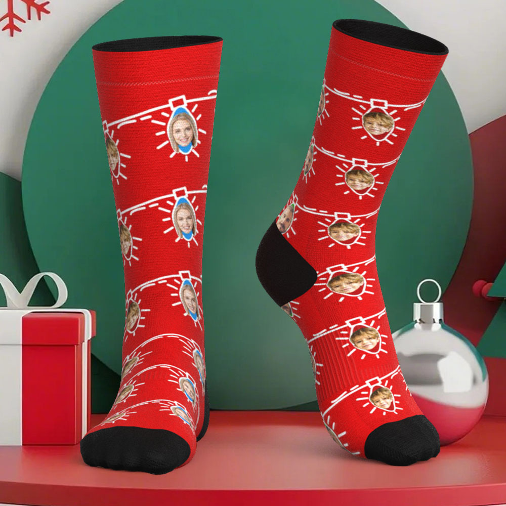 Custom Face Socks Personalized Christmas Lights Photo Socks Christmas Gift for Family - MyFaceBoxer