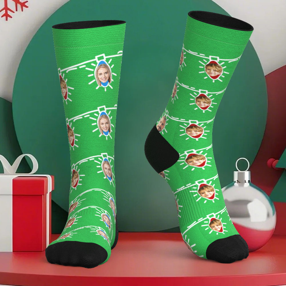 Custom Face Socks Personalized Christmas Lights Photo Socks Christmas Gift for Family - MyFaceBoxer