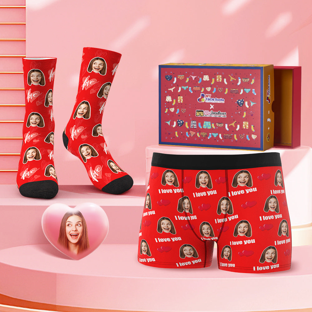 Valentine's Day Gifts Custom Face Boxer Shorts And Socks Set I Love You Co-Branding Set