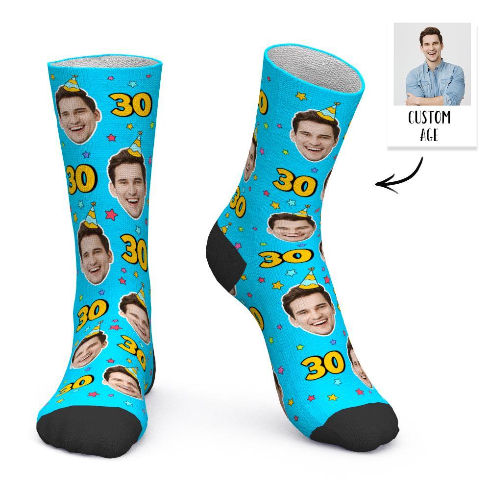 Custom Face and Age Socks Personalized Blue Birthday Socks Birthday gift - MyFaceBoxer