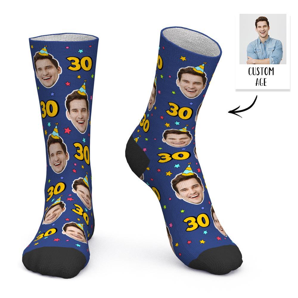 Custom Face and Age Socks Personalized Blue Birthday Socks Birthday gift - MyFaceBoxer