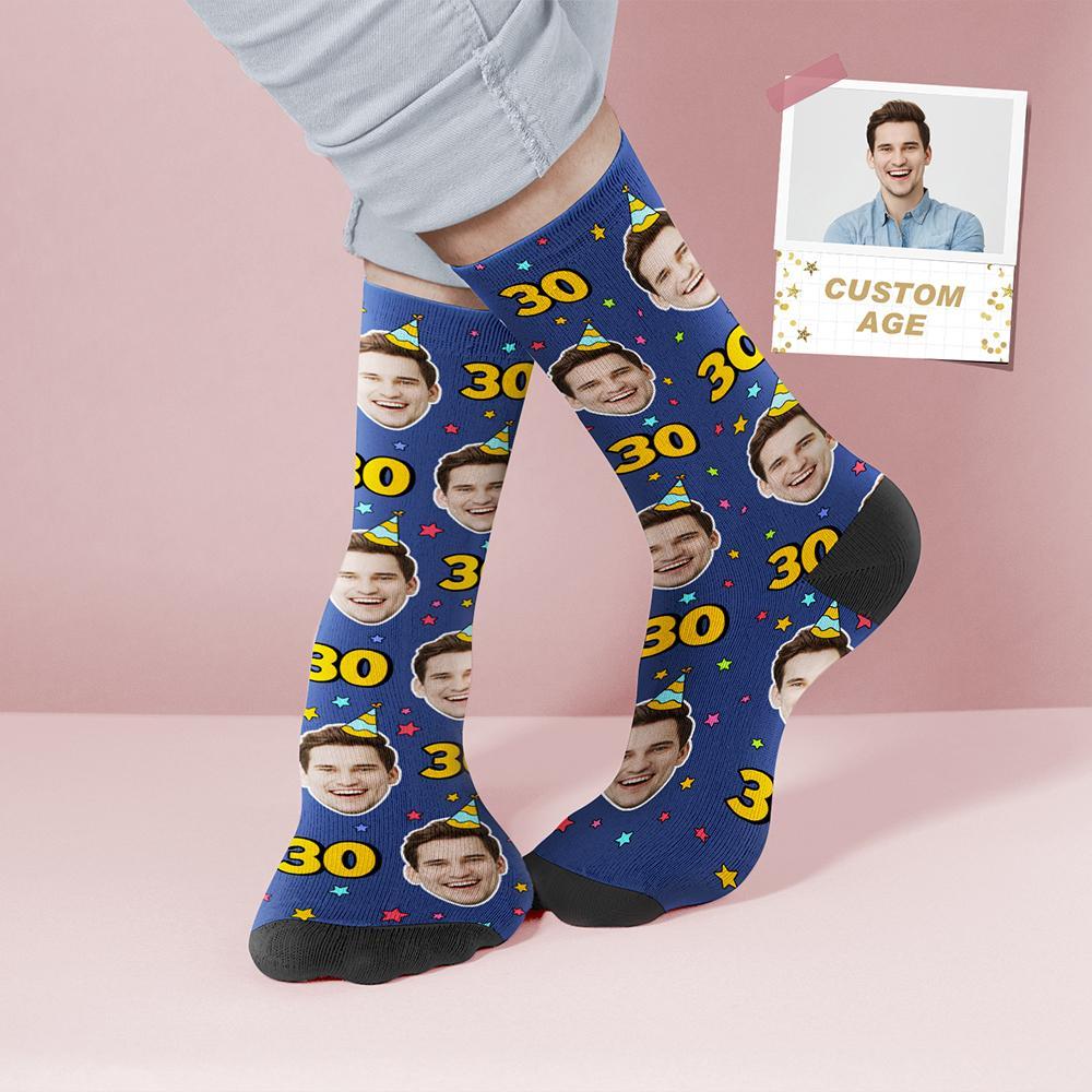 Custom Face and Age Socks Personalized Blue Birthday Socks Birthday gift - MyFaceBoxer