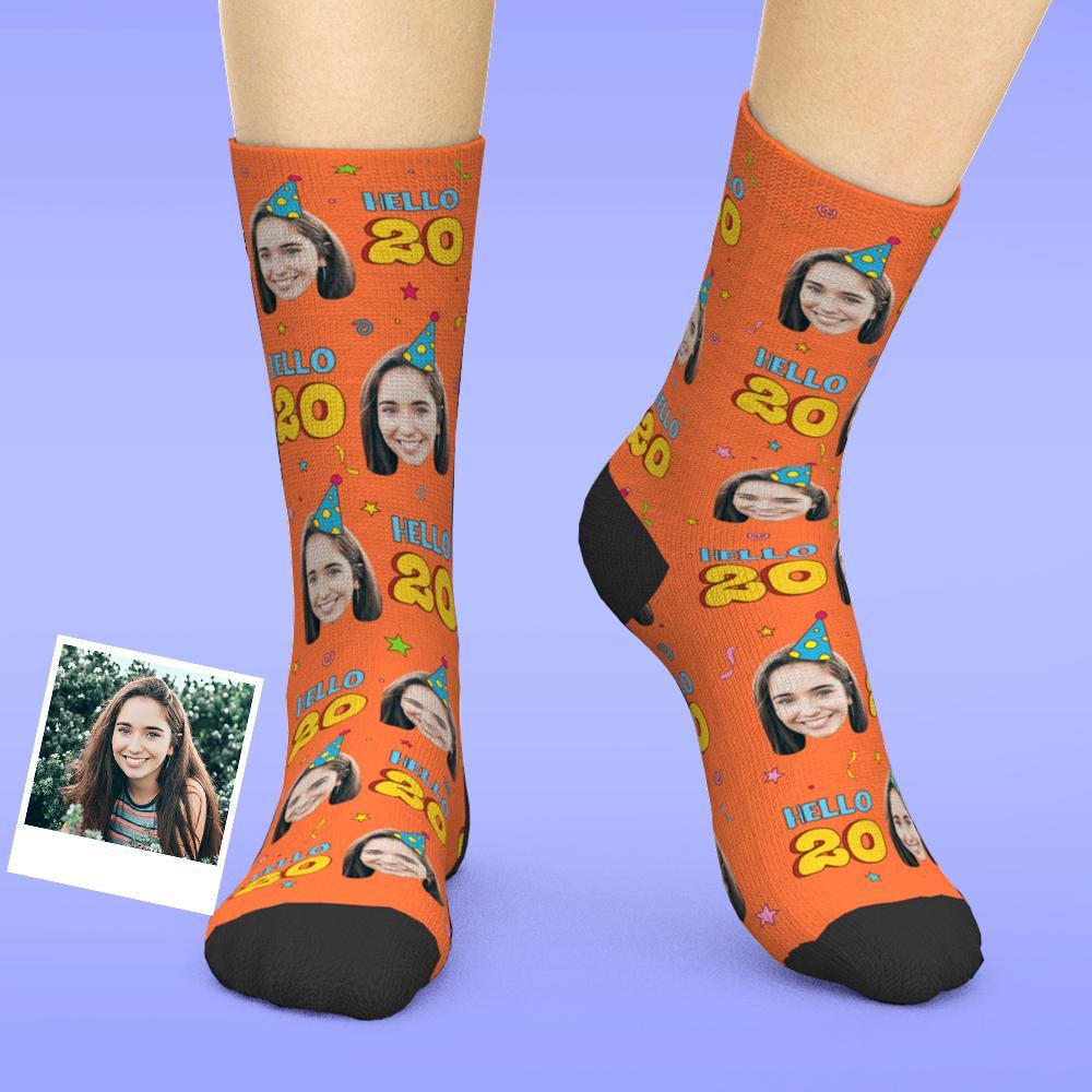 Custom Face Socks Add Pictures And Age Happy Birthday Socks Hello 20 Personalized Birthday Gift - MyFaceBoxer
