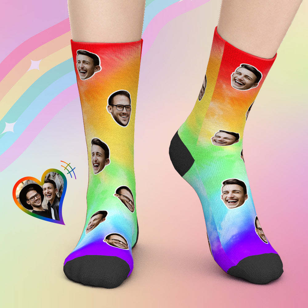 LGBT Gifts, Custom Face Socks Add Pictures - LGBT Rainbow Colorful - MyFaceBoxer