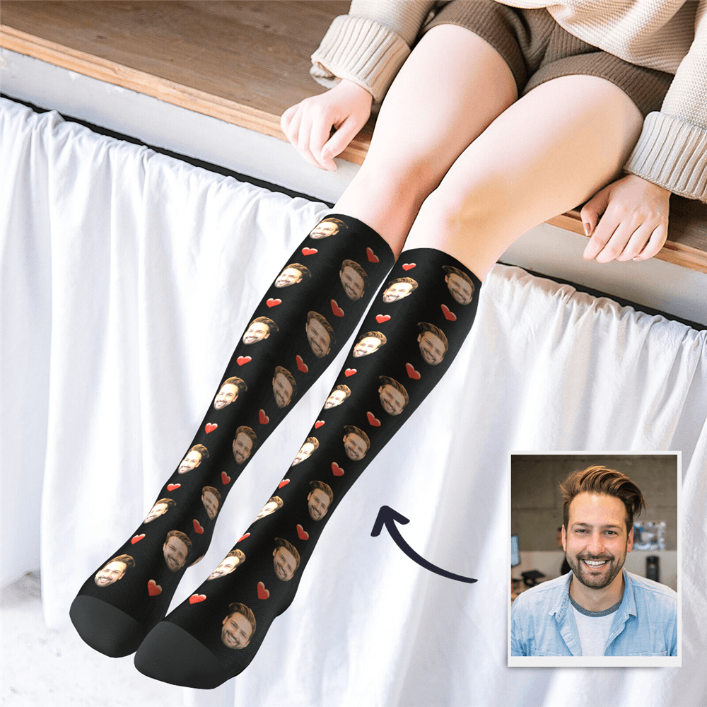 Custom Knee Hign Heart Face Crew Socks - MyFaceBoxer