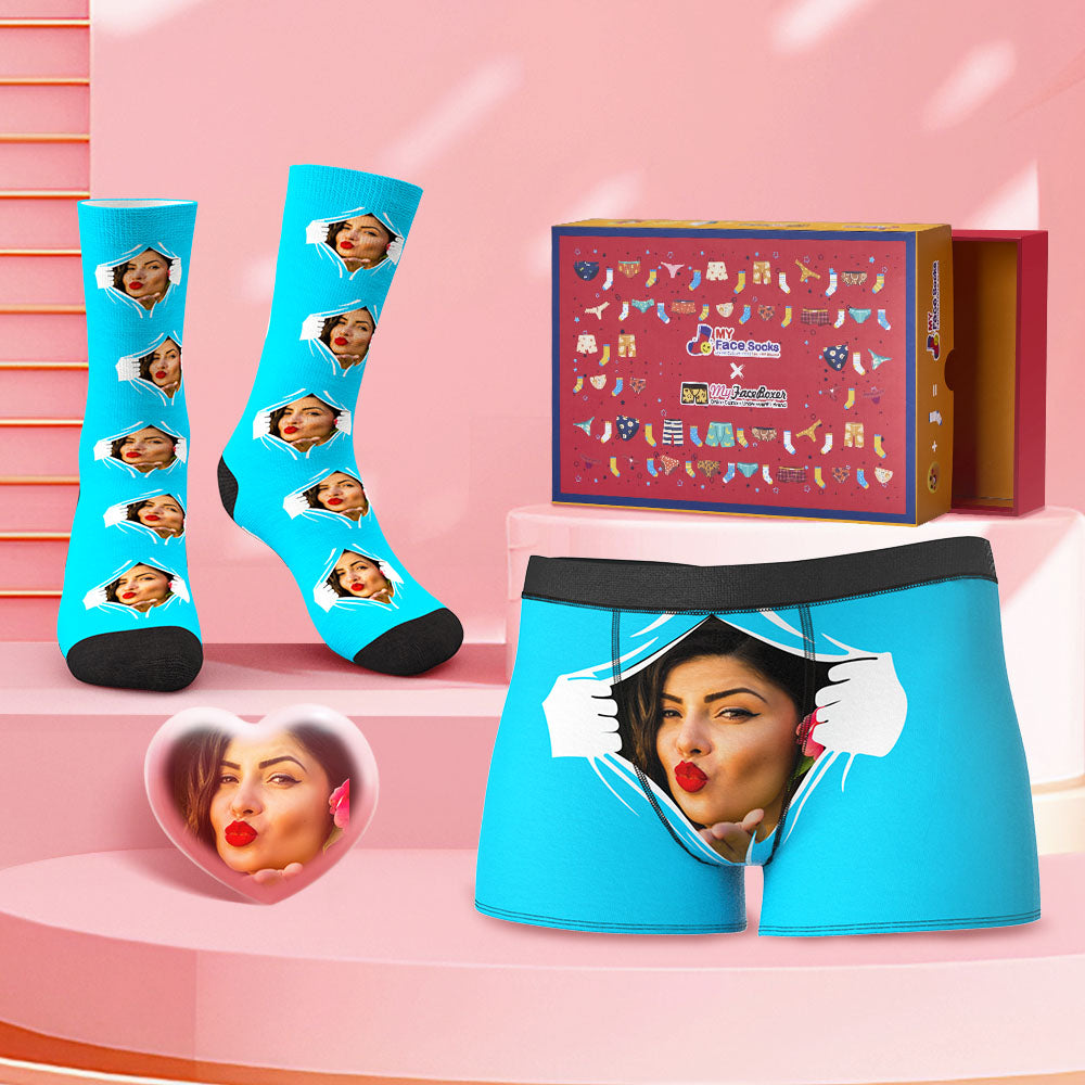 Custom Face Boxer Shorts And Socks Set Valentine's Day Gift Co-Branding Set