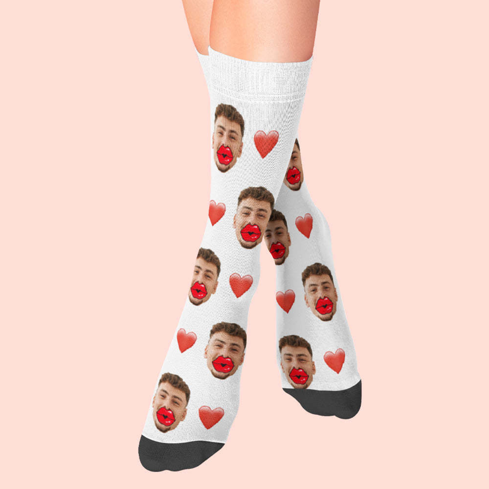 Custom Face Socks Heart and Red Lips Socks Valentine's Day Gift - MyFaceBoxer