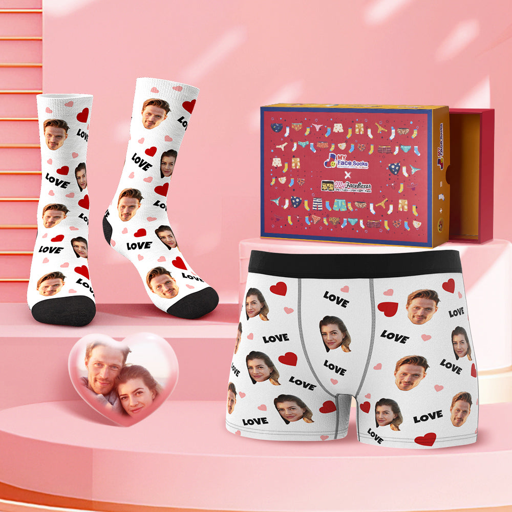 Valentine's Gifts Custom Face Boxer Shorts And Socks Set Sweet Lover Co-Branding Set