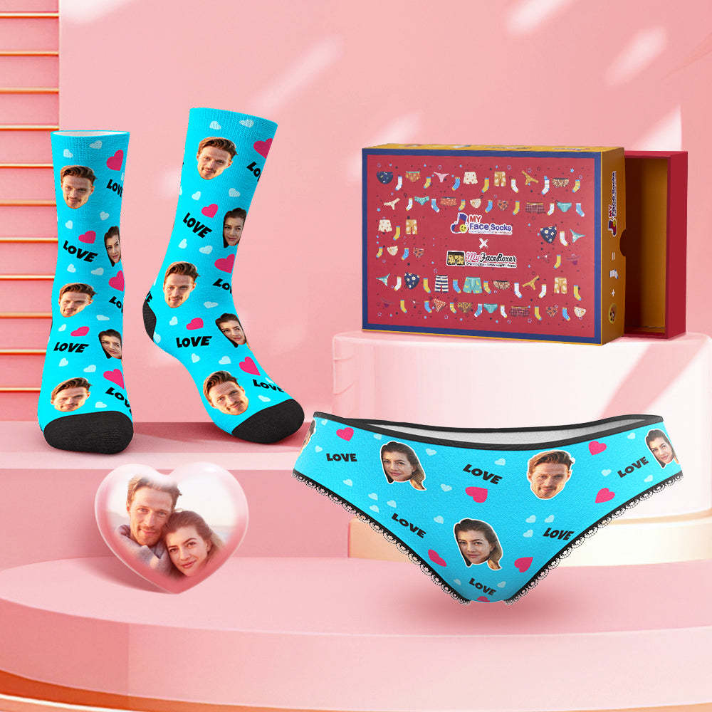 Custom Face Panties And Socks Set For Her Love and Red Heart Co-Branding Set - MyFaceBoxer