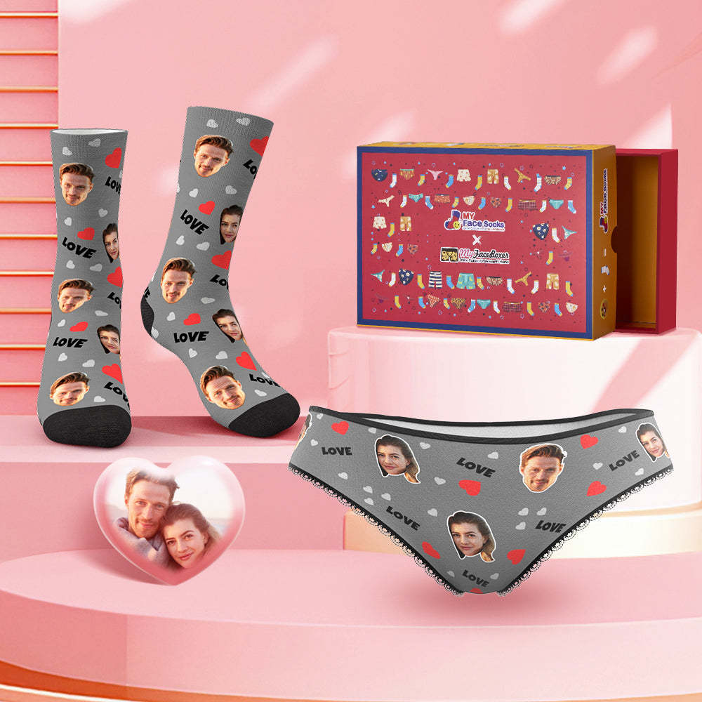Custom Face Panties And Socks Set For Her Love and Red Heart Co-Branding Set - MyFaceBoxer