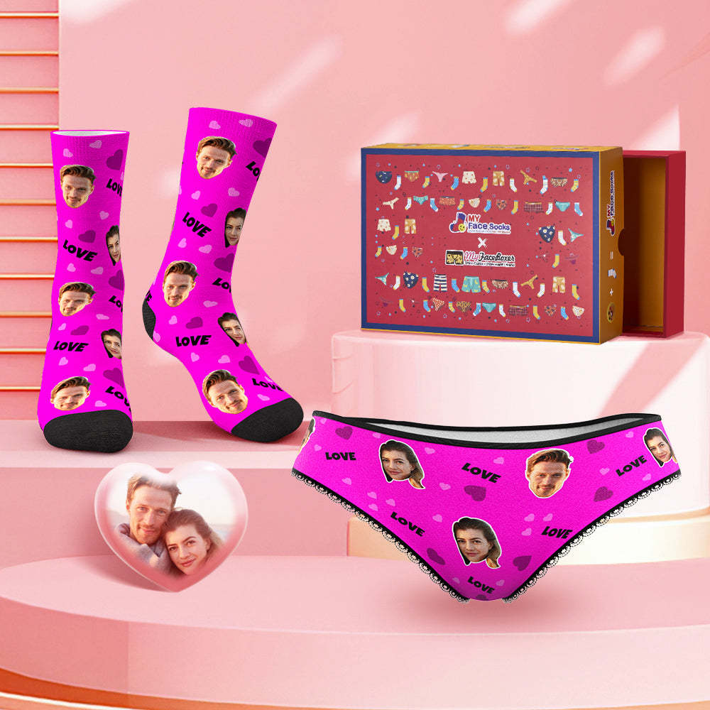 Custom Face Panties And Socks Set For Her Love and Red Heart Co-Branding Set - MyFaceBoxer