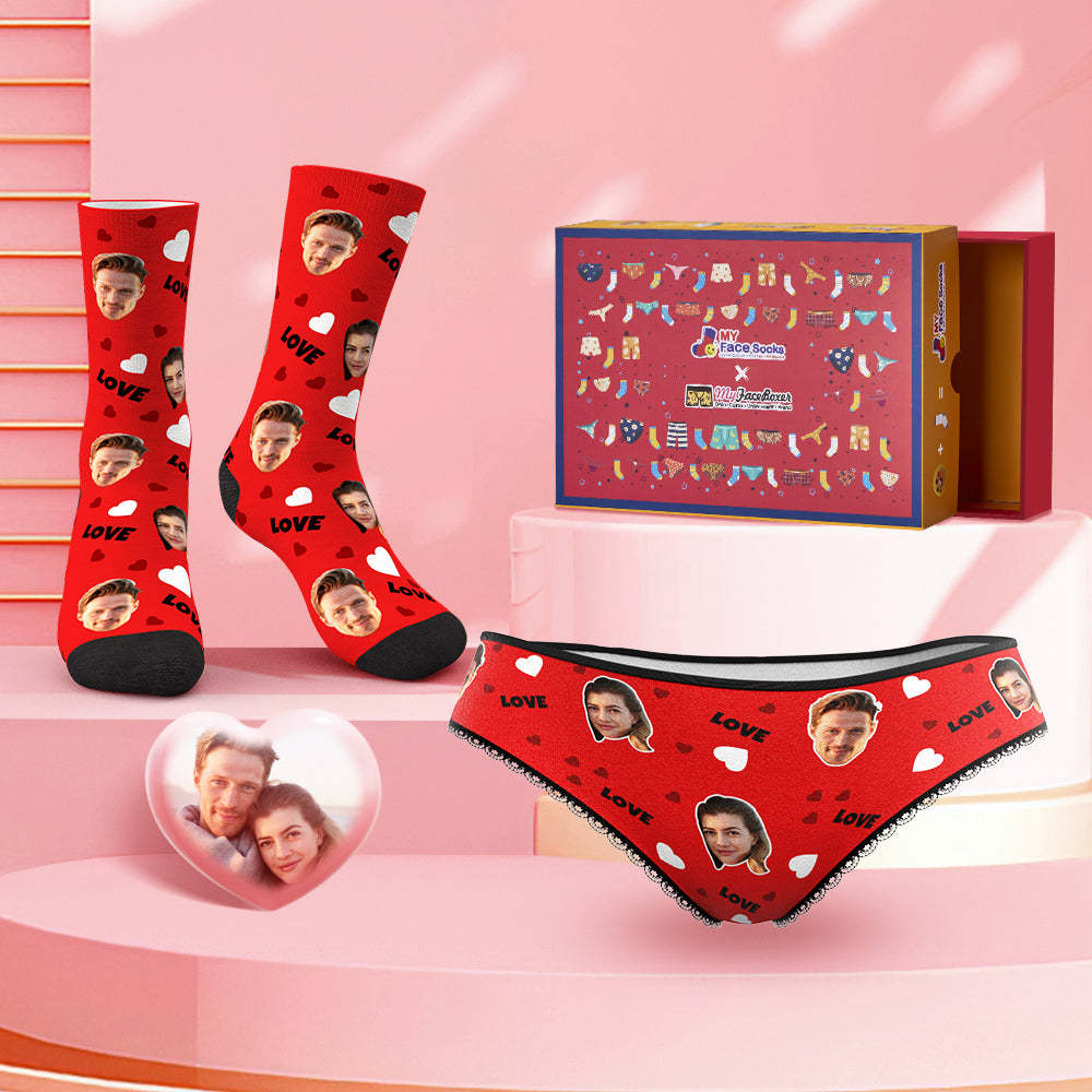 Custom Face Panties And Socks Set For Her Love and Red Heart Co-Branding Set - MyFaceBoxer