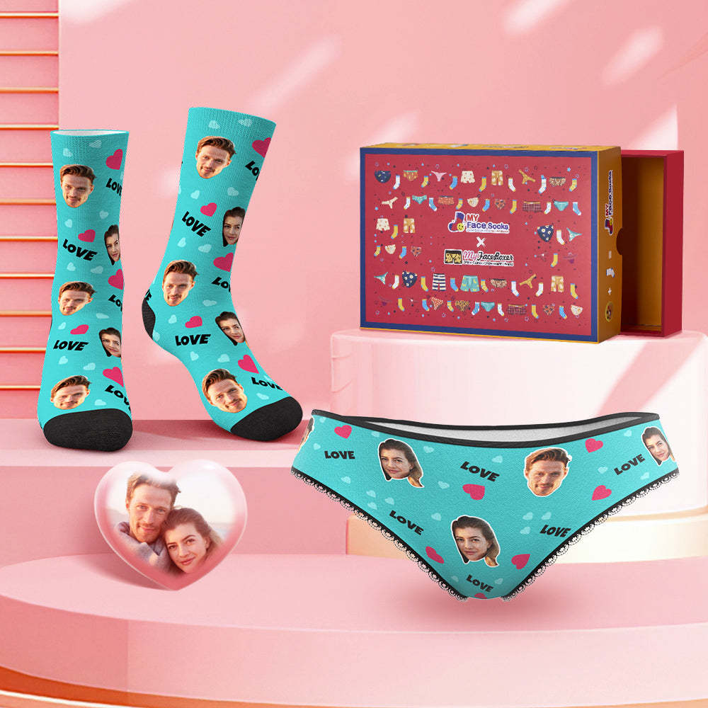 Custom Face Panties And Socks Set For Her Love and Red Heart Co-Branding Set - MyFaceBoxer