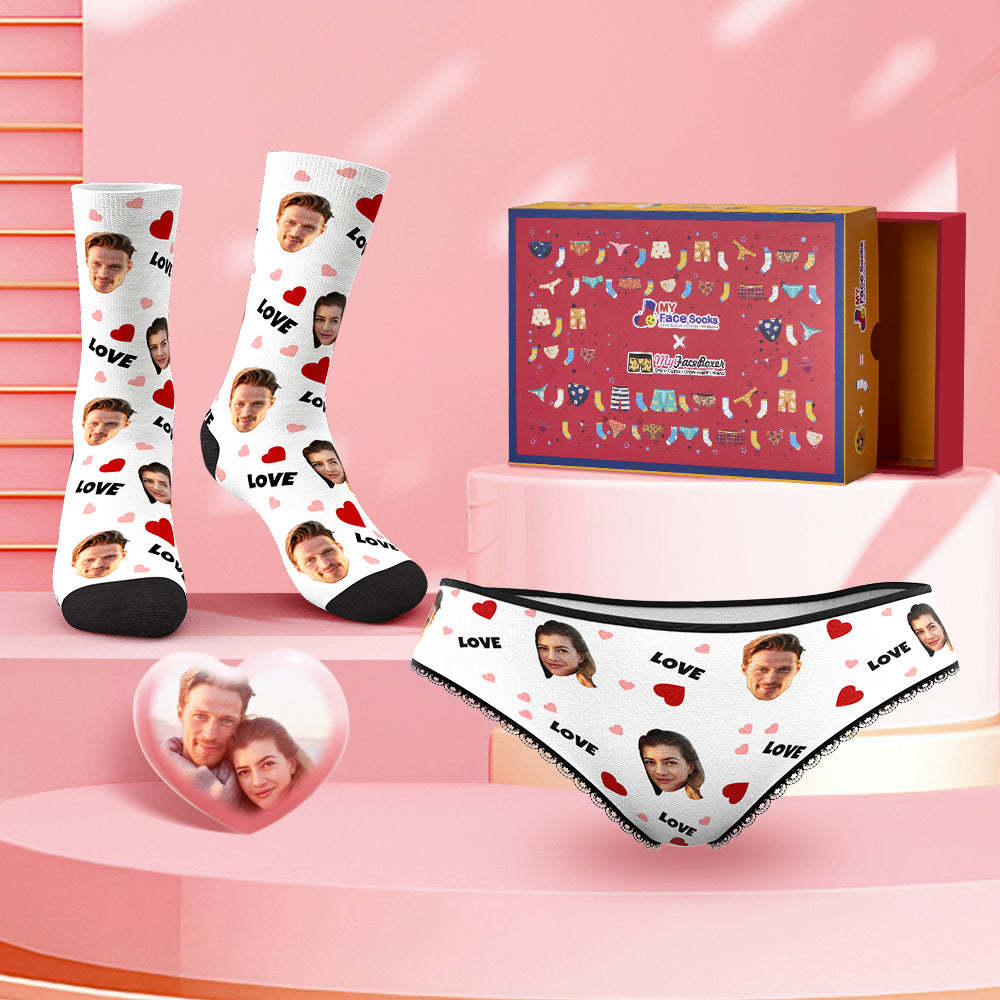 Custom Face Panties And Socks Set For Her Love and Red Heart Co-Branding Set - MyFaceBoxer
