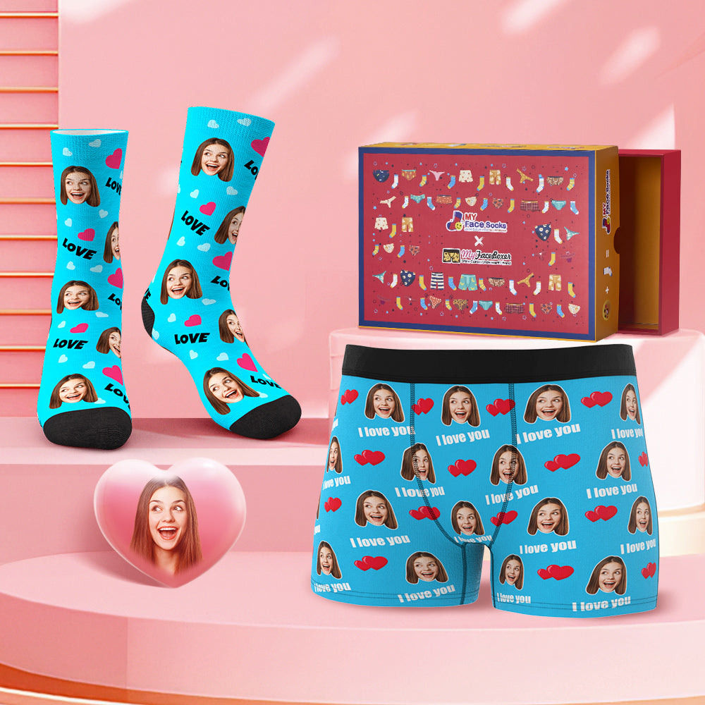Custom Face Boxer Shorts And Socks Set Love Valentine's Day Gift Co-Branding Set