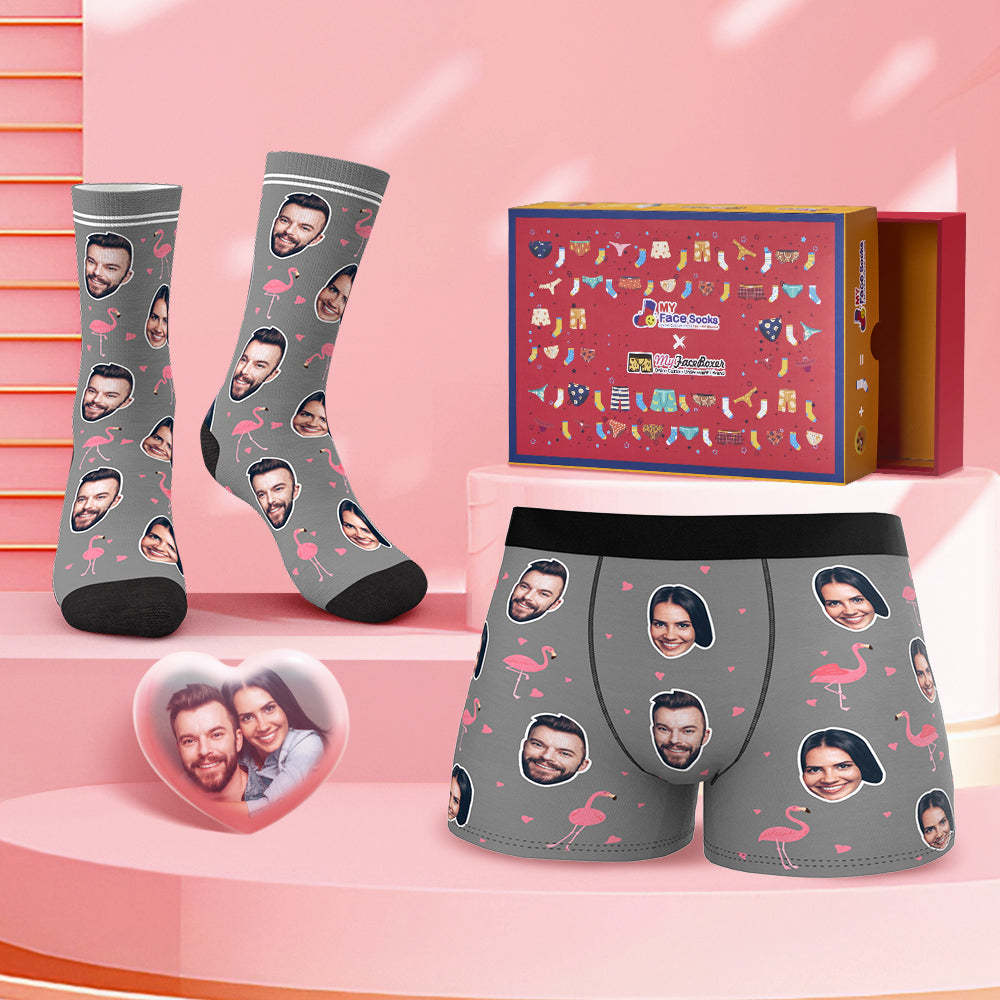 Custom Face Boxer Shorts And Socks Set Flamingo Co-Branding Set - MyFaceBoxer