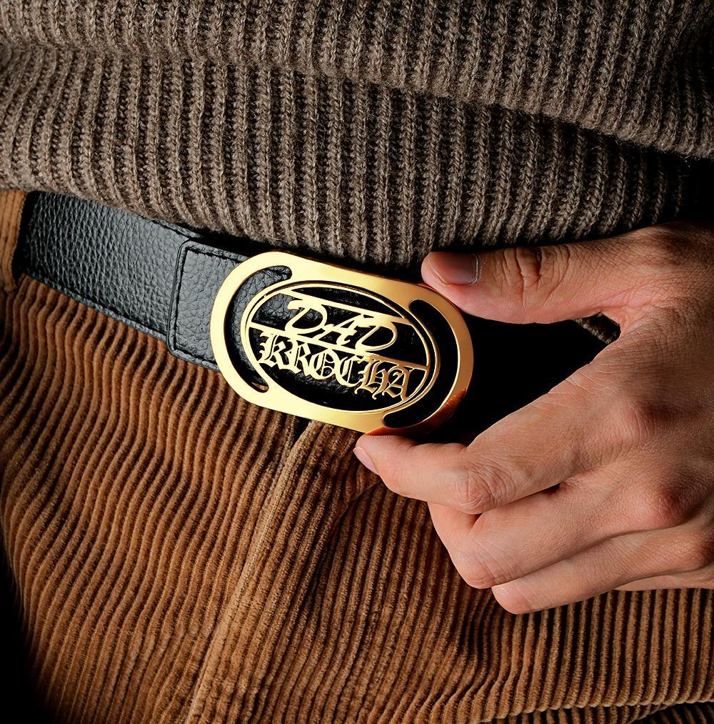Custom Oval Hollow Name DAD Belt Buckle with Free Belt Gift For Him - MyFaceBoxer