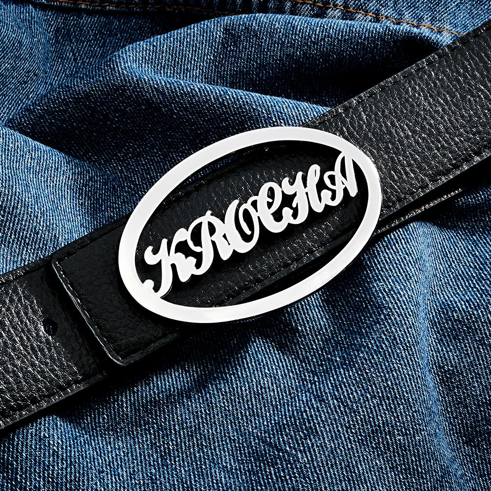 Custom Oval Frame Name Belt Buckle with Free Belt Gift For Him - MyFaceBoxer