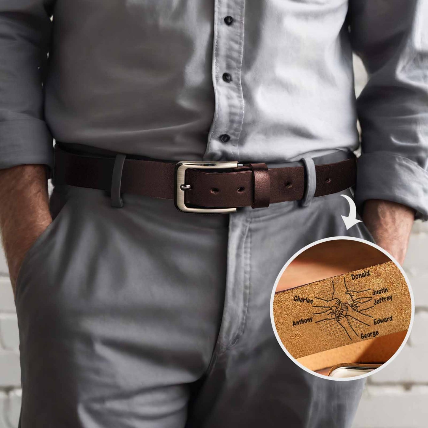 Custom Engraved Leather Belt Personalized Names Belt Hand in Hand Gifts for Dad - MyFaceBoxer