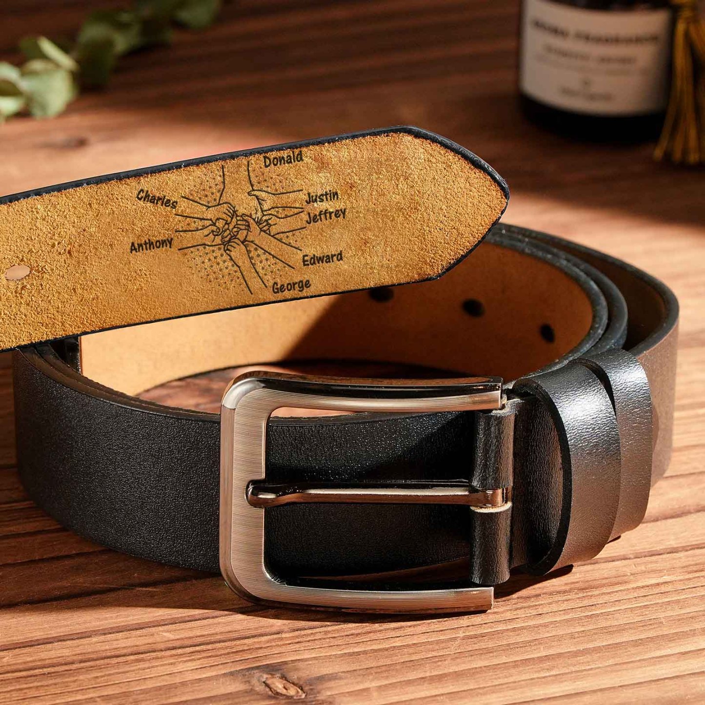Custom Engraved Leather Belt Personalized Names Belt Hand in Hand Gifts for Dad - MyFaceBoxer