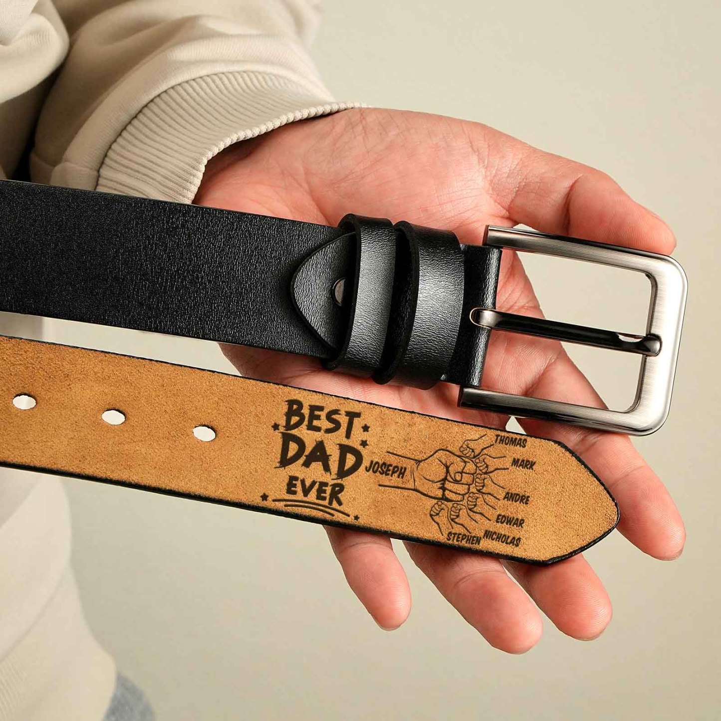 Custom Engraved Leather Belt Personalized Name Belt Gift For Dad Best Father Ever - MyFaceBoxer
