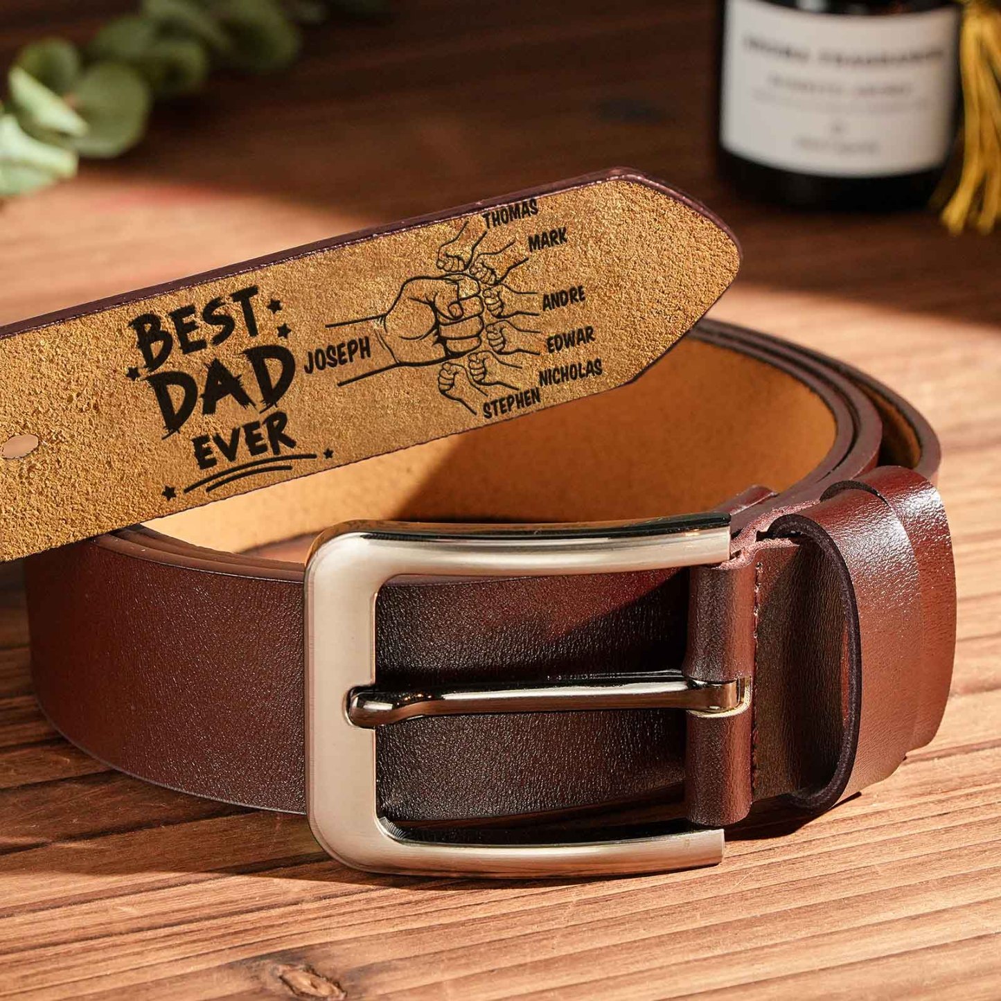 Custom Engraved Leather Belt Personalized Name Belt Gift For Dad Best Father Ever - MyFaceBoxer