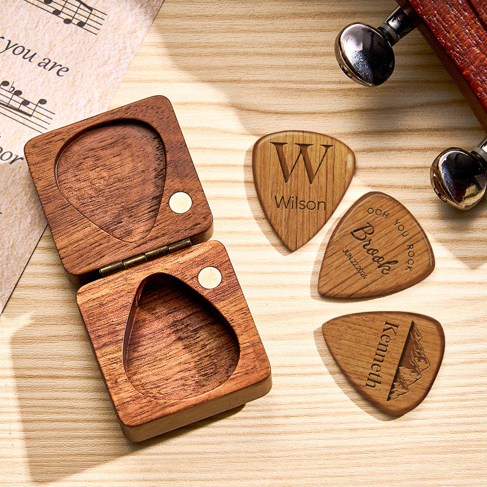 Custom Wooden Guitar Picks and Box Personalized Wood Guitar Plectrum Organizer Music Gift for Guitarist Musician - MyFaceBoxer