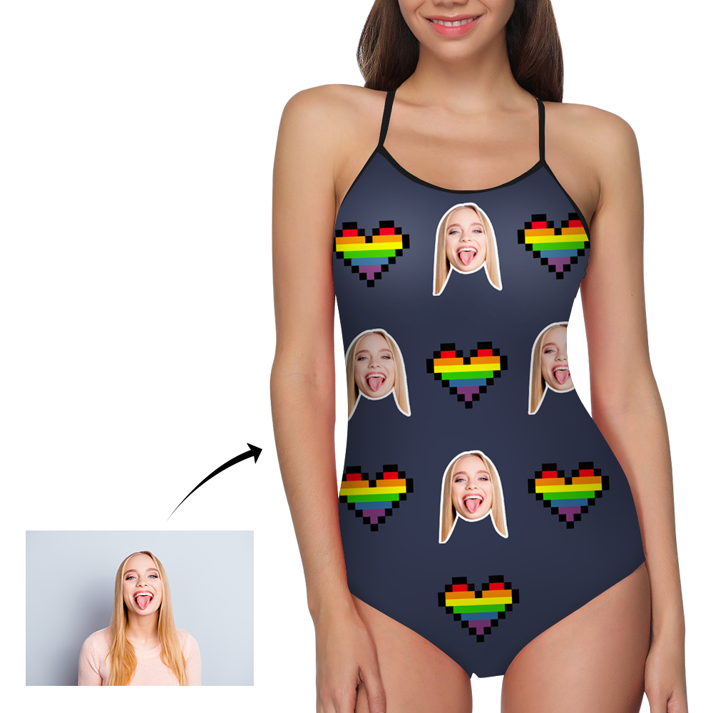 Custom Face Swimwear Women's Photo Slip One Piece Swimsuit - Pixel Heart - MyFaceBoxer