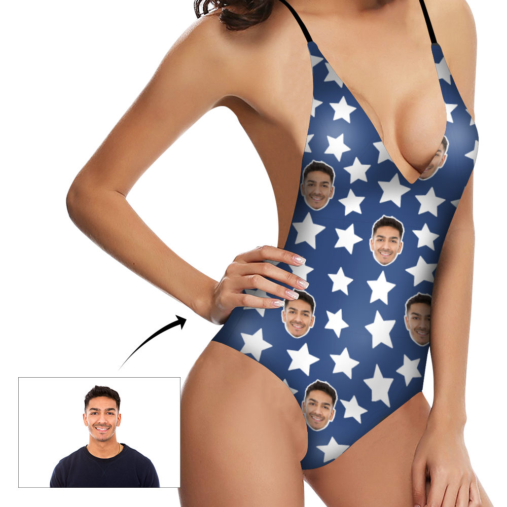 Custom Face V-Neck Bikini Women's Photo One Piece Swimsuit - White Stars Blue - MyFaceBoxer