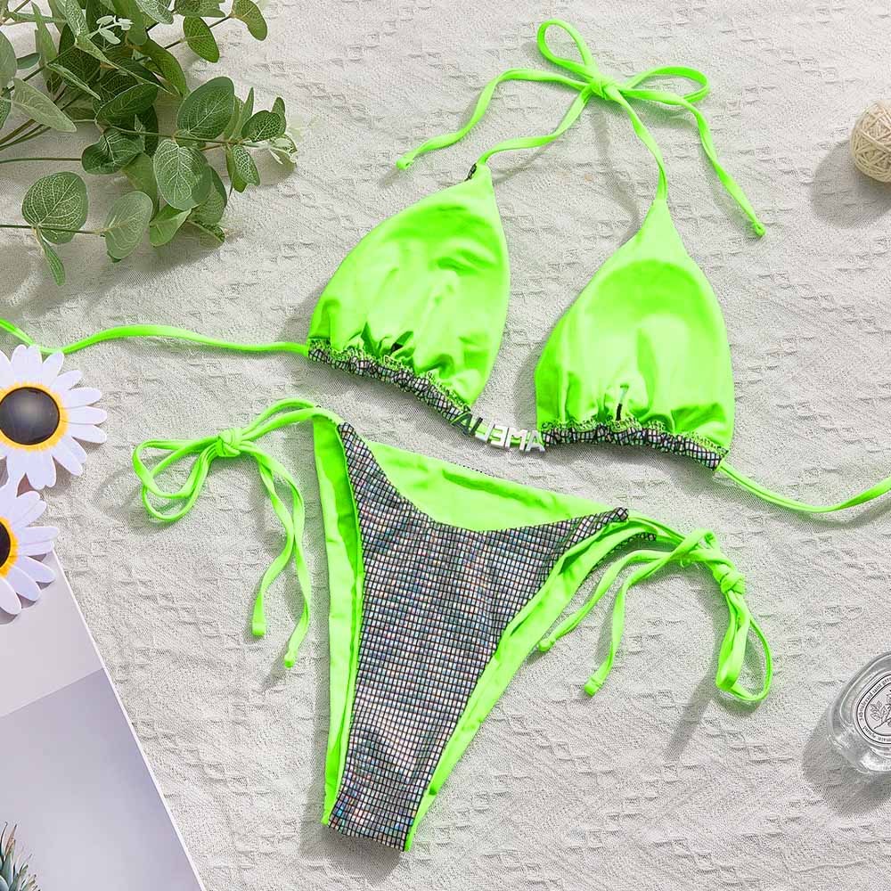Custom Name Triangle Halter Bikini Sets Personalized Sexy DIY Crystal Letters Bling Bling Bikini - MyFaceBoxer