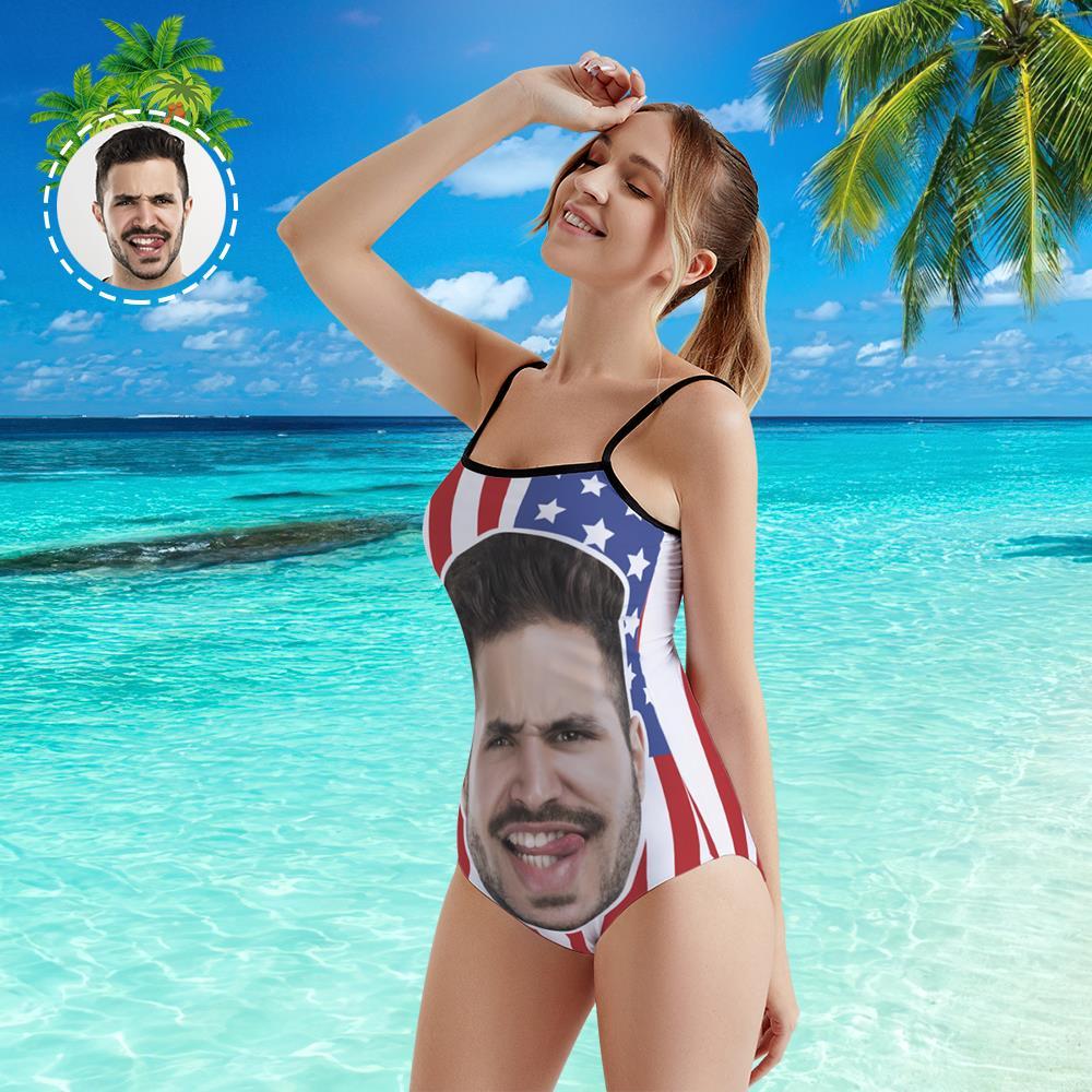 Custom Face Swimwear Women's Photo Slip One Piece Swimsuit - American Flag - MyFaceBoxer