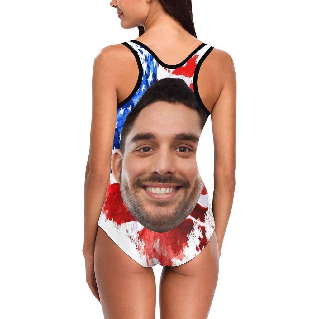 Custom Face Swimwear Women's Photo Slip One Piece Tank Top Bathing Swimsuit - Artistic USA Flag - MyFaceBoxer