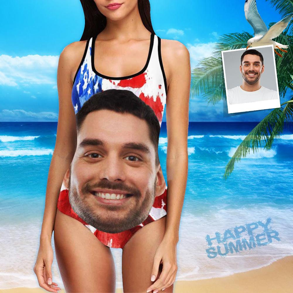 Custom Face Swimwear Women's Photo Slip One Piece Tank Top Bathing Swimsuit - Artistic USA Flag - MyFaceBoxer