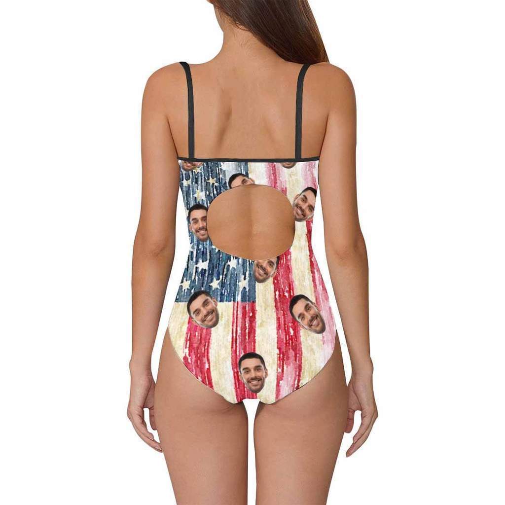 Custom Face Swimwear Women's Photo Slip One Piece Swimsuit- Artistic USA Flag - MyFaceBoxer