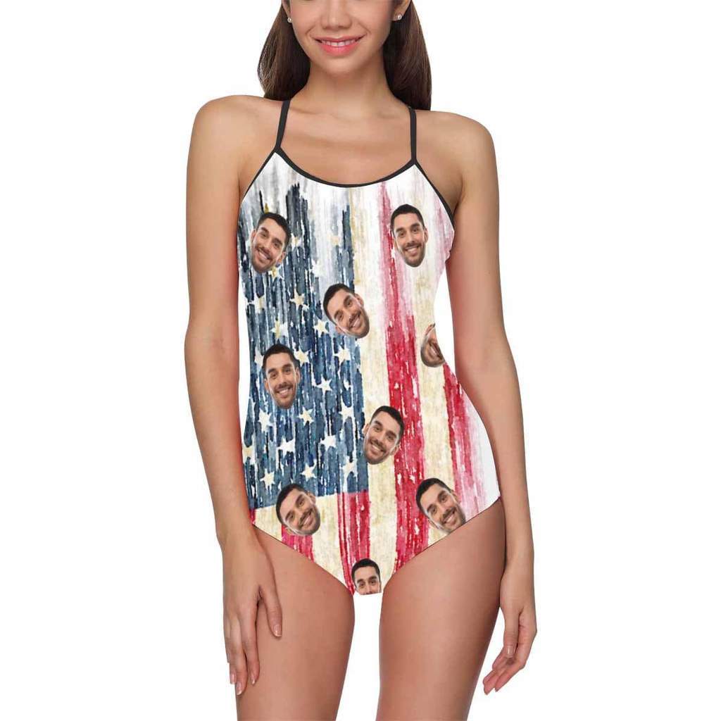 Custom Face Swimwear Women's Photo Slip One Piece Swimsuit- Artistic USA Flag - MyFaceBoxer