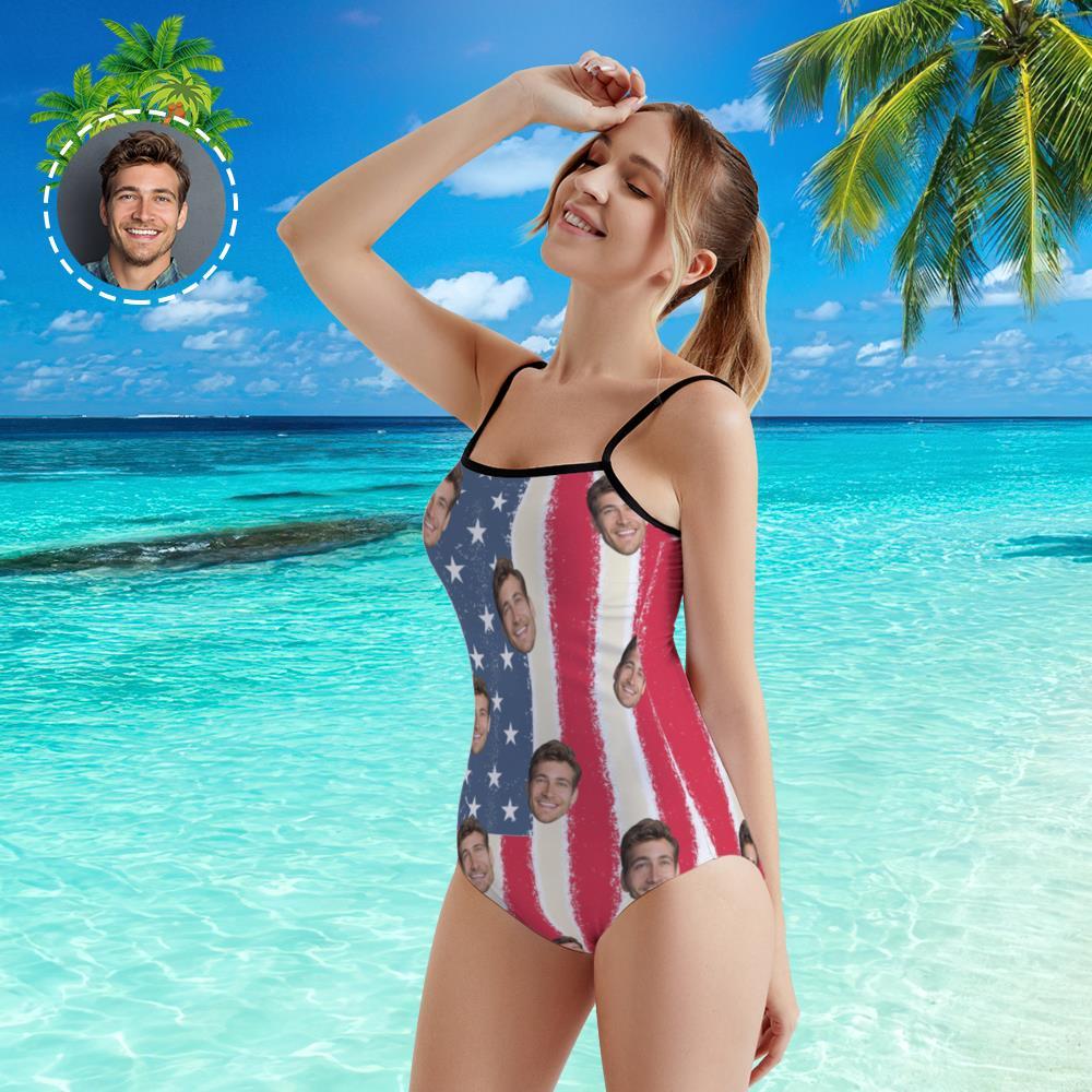 Custom Face Swimwear Women's Photo Slip One Piece Swimsuit- Artistic USA Flag - MyFaceBoxer