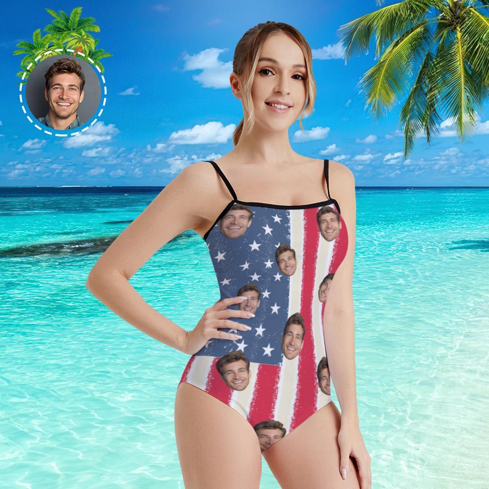 Custom Face Swimwear Women's Photo Slip One Piece Swimsuit- Artistic USA Flag - MyFaceBoxer