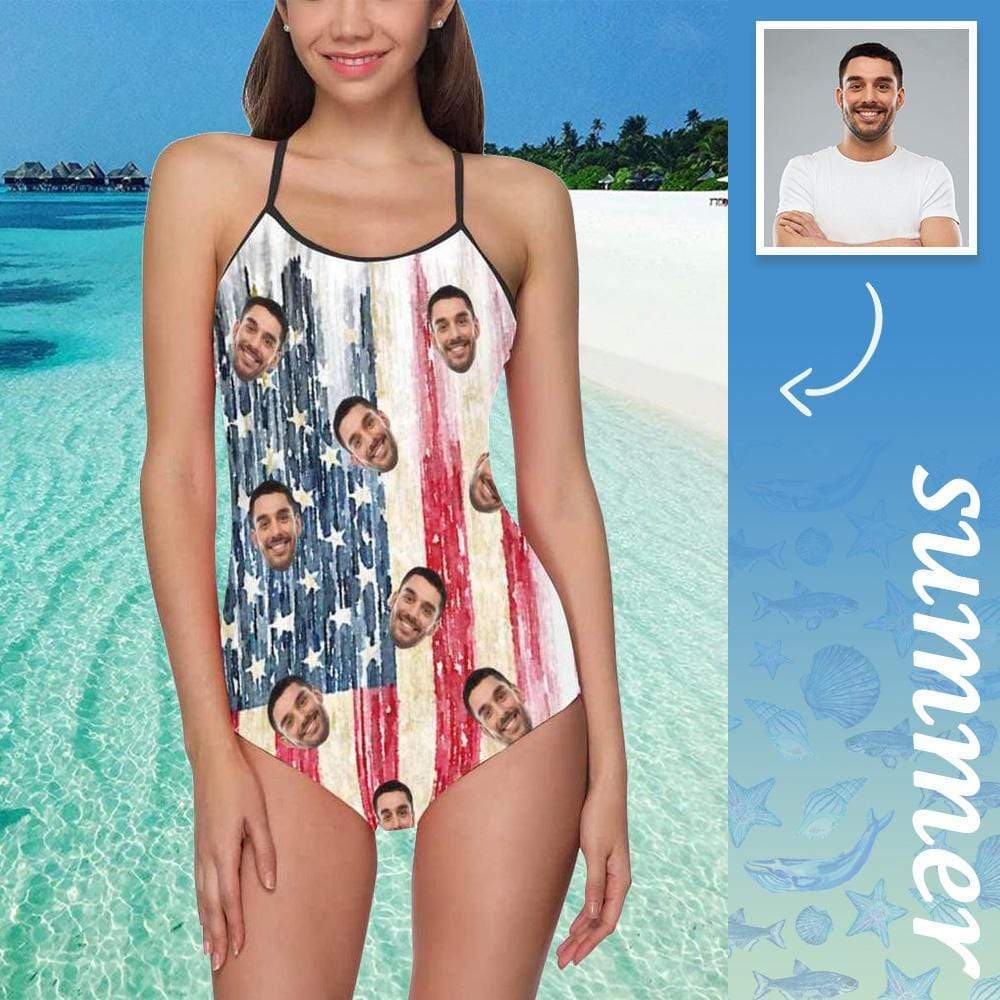 Custom Face Swimwear Women's Photo Slip One Piece Swimsuit- Artistic USA Flag - MyFaceBoxer
