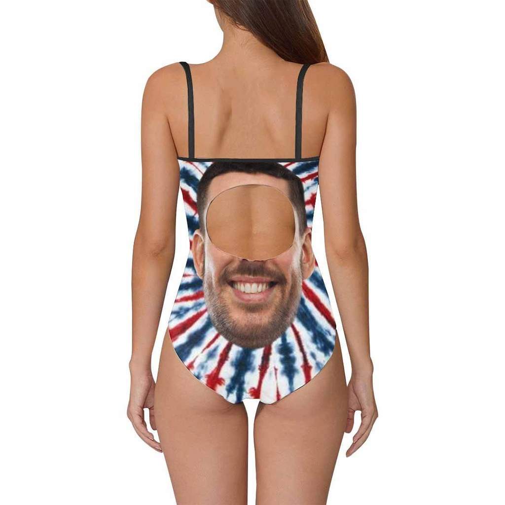 Custom Face Swimwear Women's Photo Slip One Piece Swimsuit- Tie Dye USA Flag - MyFaceBoxer