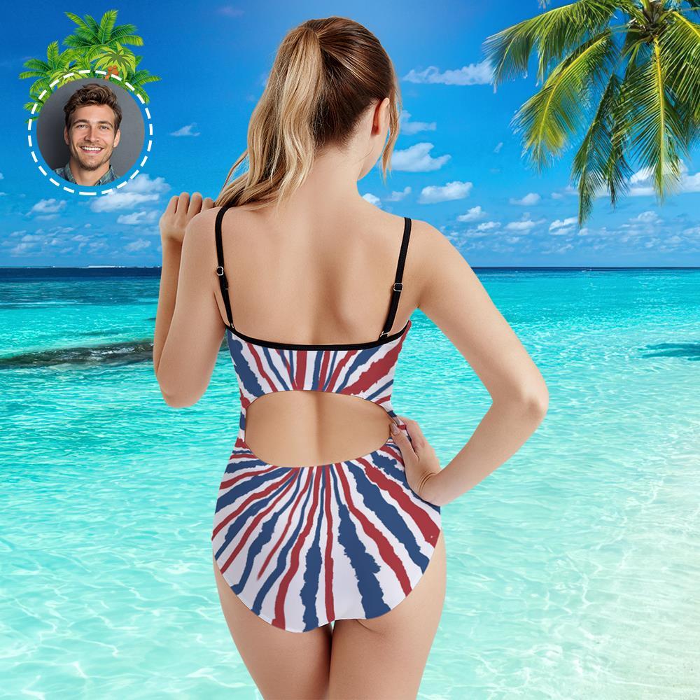 Custom Face Swimwear Women's Photo Slip One Piece Swimsuit- Tie Dye USA Flag - MyFaceBoxer