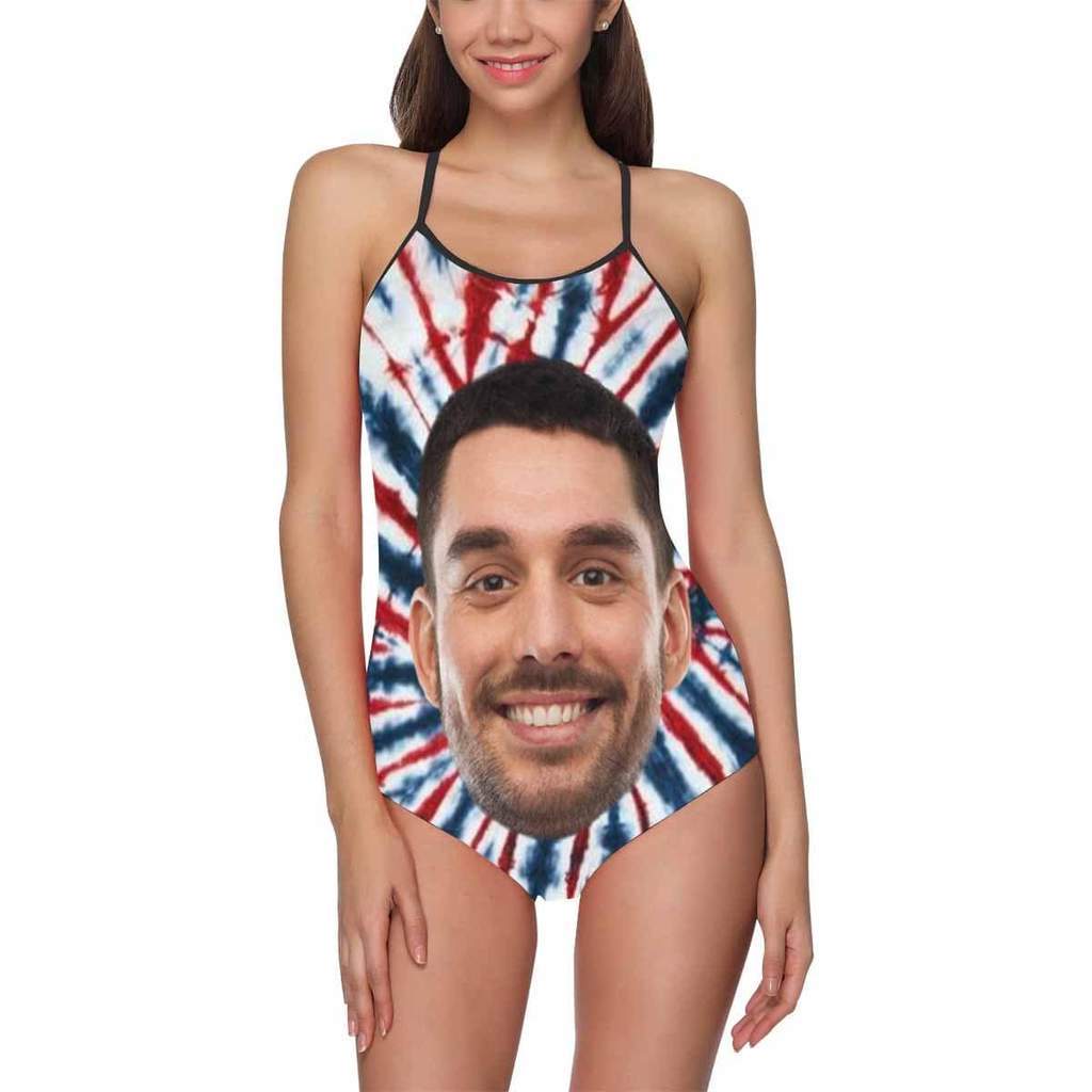 Custom Face Swimwear Women's Photo Slip One Piece Swimsuit- Tie Dye USA Flag - MyFaceBoxer