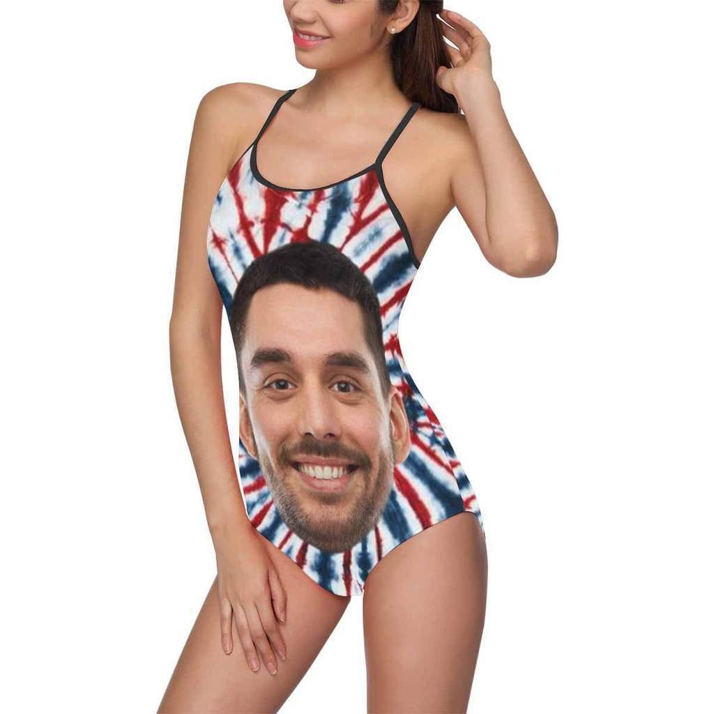 Custom Face Swimwear Women's Photo Slip One Piece Swimsuit- Tie Dye USA Flag - MyFaceBoxer