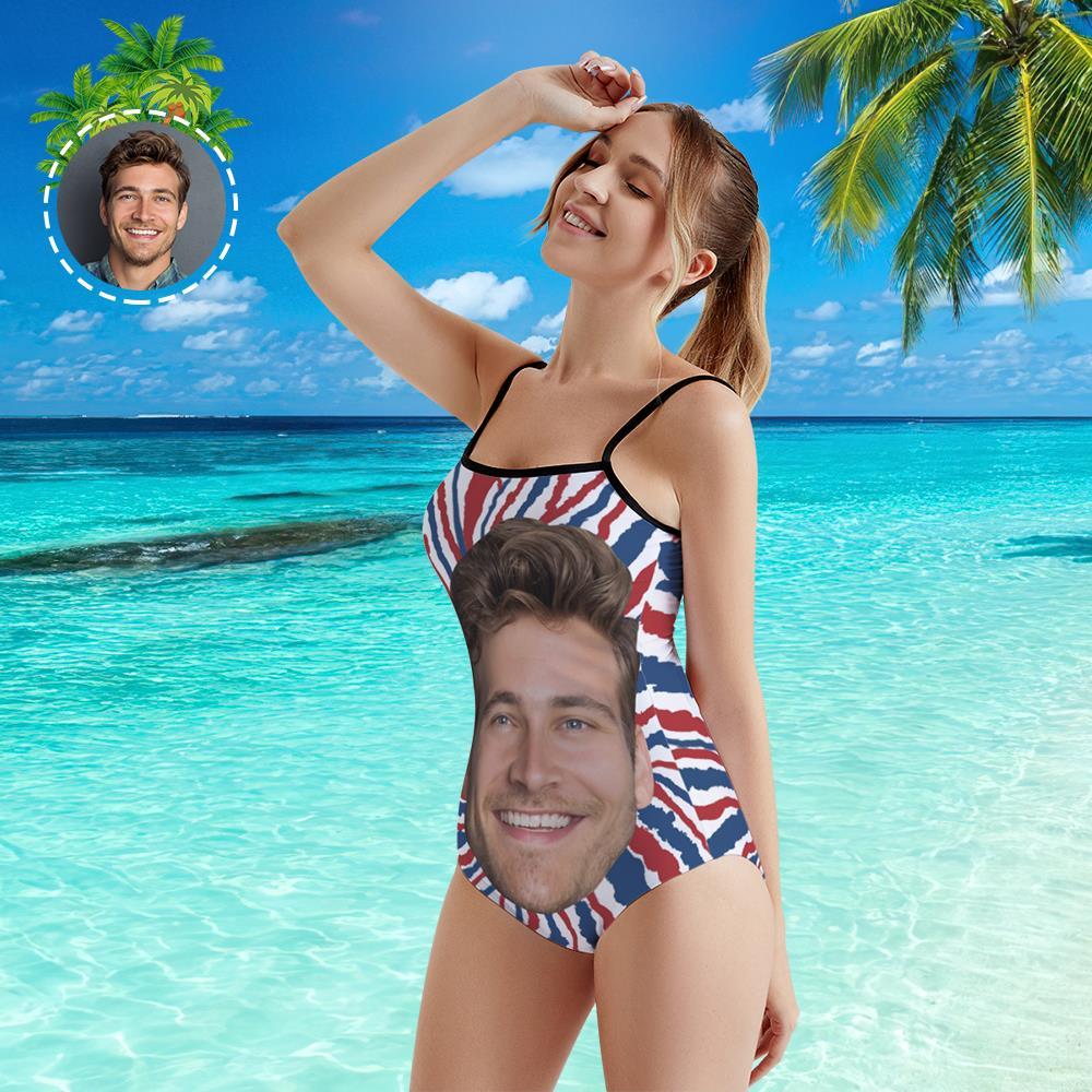 Custom Face Swimwear Women's Photo Slip One Piece Swimsuit- Tie Dye USA Flag - MyFaceBoxer