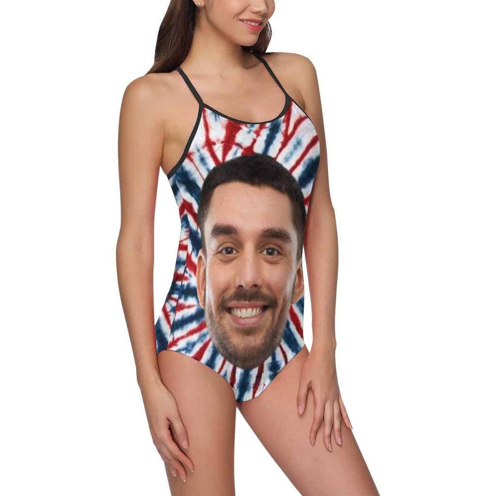 Custom Face Swimwear Women's Photo Slip One Piece Swimsuit- Tie Dye USA Flag - MyFaceBoxer